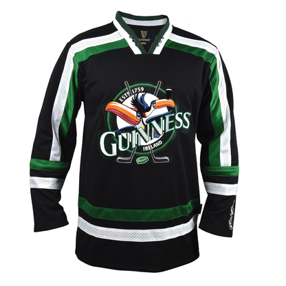 A black and green Guinness Toucan Hockey Jersey featuring the word Guinness.
