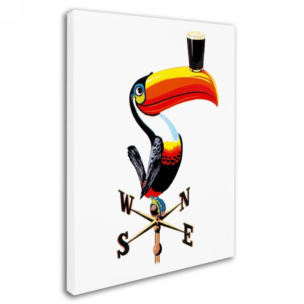 A Guinness toucan holding a glass of beer on a Guinness Brewery 'Guinness V' canvas art print.