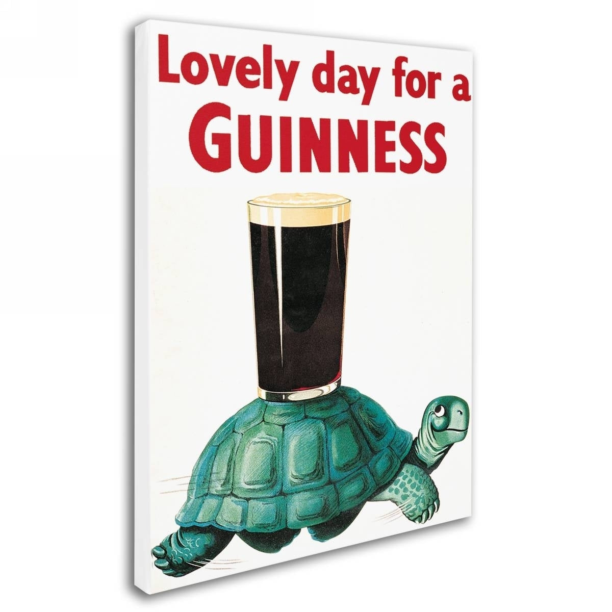 An art piece featuring a turtle holding a glass of Guinness Brewery 'Lovely Day For A Guinness X' Canvas Art, one of the most iconic beer brands.