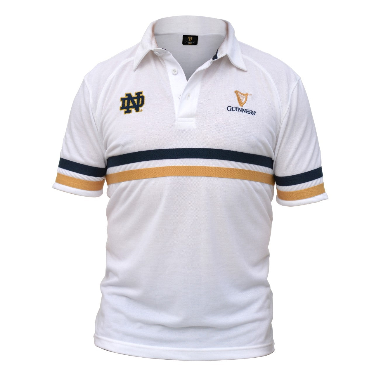 A Guinness Notre Dame Performance Polo Shirt White with a gold and white stripe.