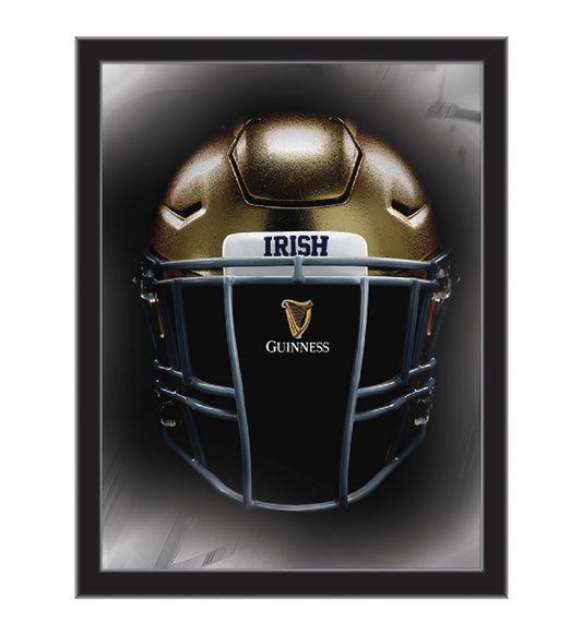 An officially licensed Guinness Notre Dame Helmet Wall Mirror - 26"x15" with the word "Irish" proudly displayed on it.
