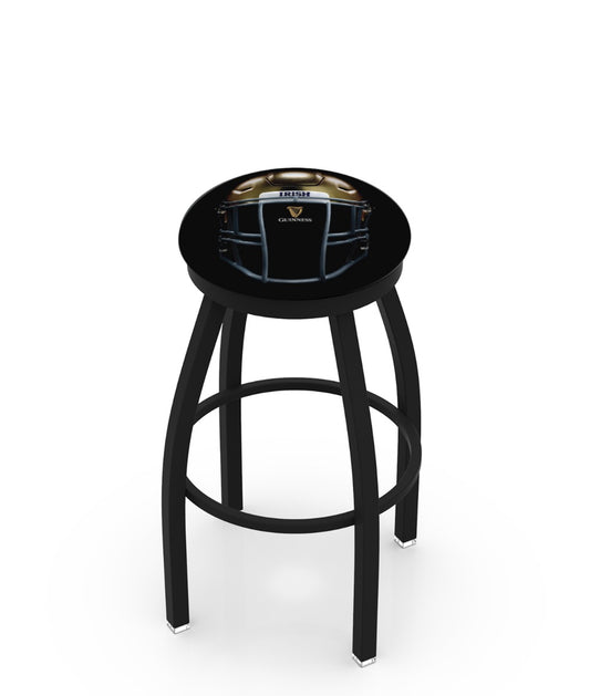 A Notre Dame Helmet Swivel Black Bar Stool with an image of a black car. (Brand: Guinness)