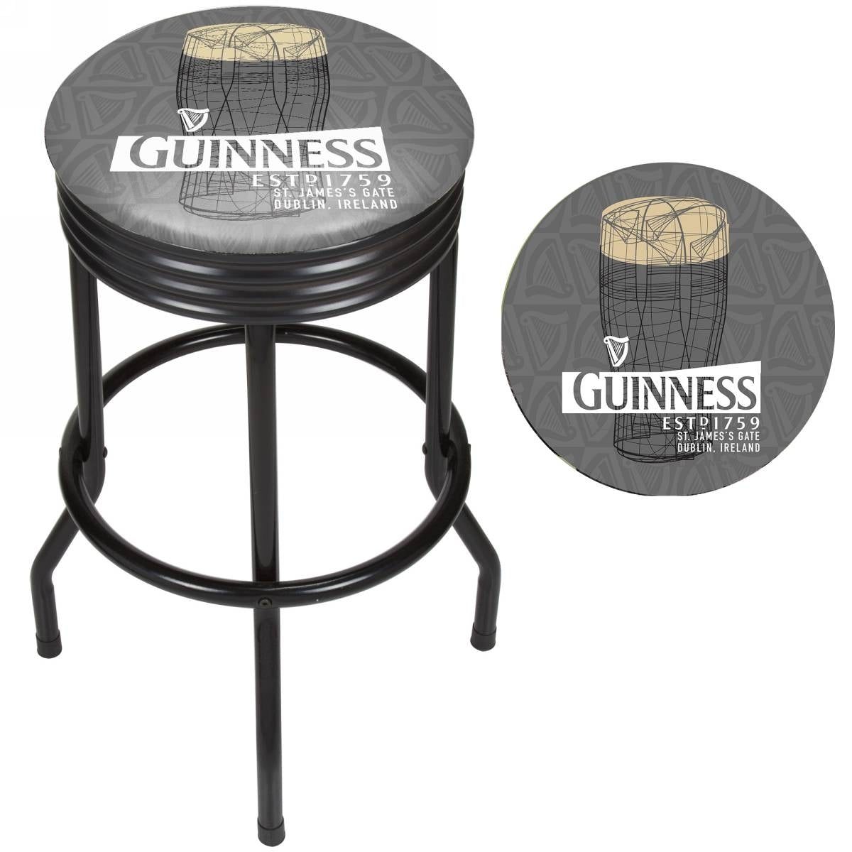 Guinness Black Ribbed Bar Stool - Line Art Pint with a swivel feature.