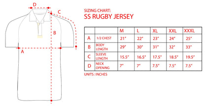 A diagram showcasing the measurements of a Guinness-branded PERFORMANCE RUGBY JERSEY, designed with moisture-wicking performance capabilities.