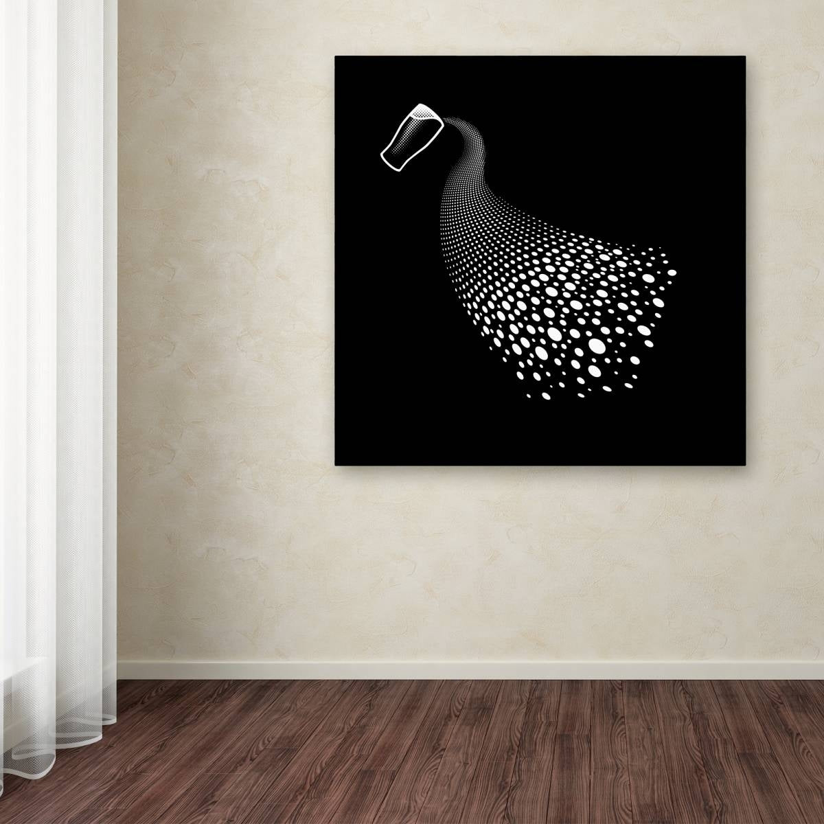 A black and white Guinness Brewery 'Guinness XII' canvas art of a peacock pouring Guinness on a wall.