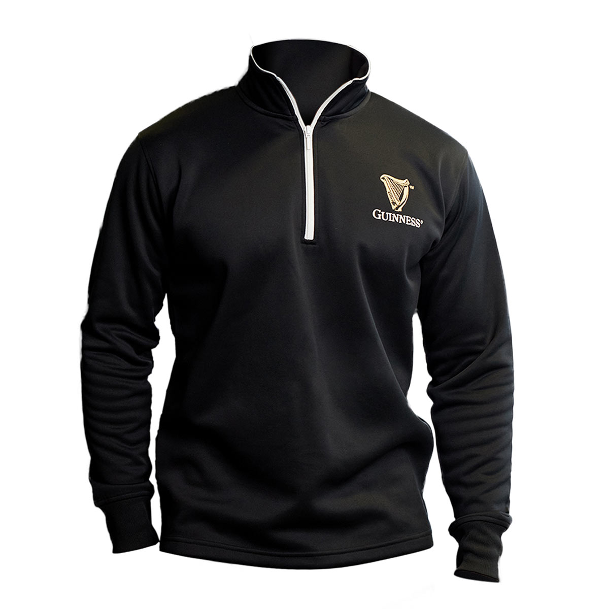 A men's Guinness Harp Half Zip Sweater, perfect for any fan, in black and white.