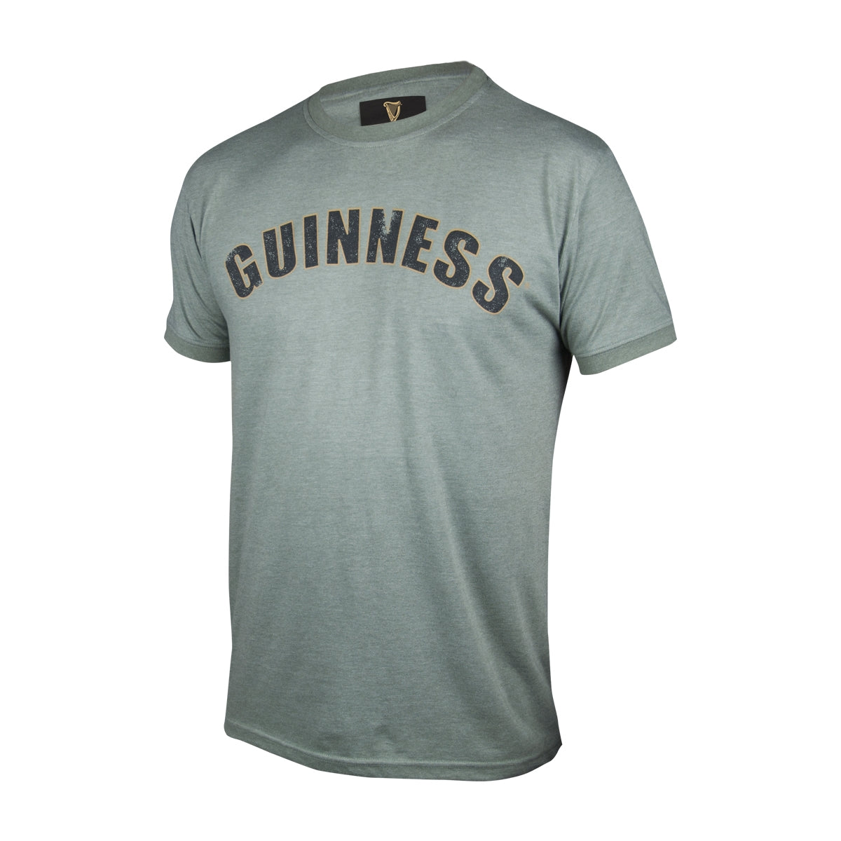 The Green Heathered Bottle Cap Tee from Guinness is green and has the word Guinness on it.