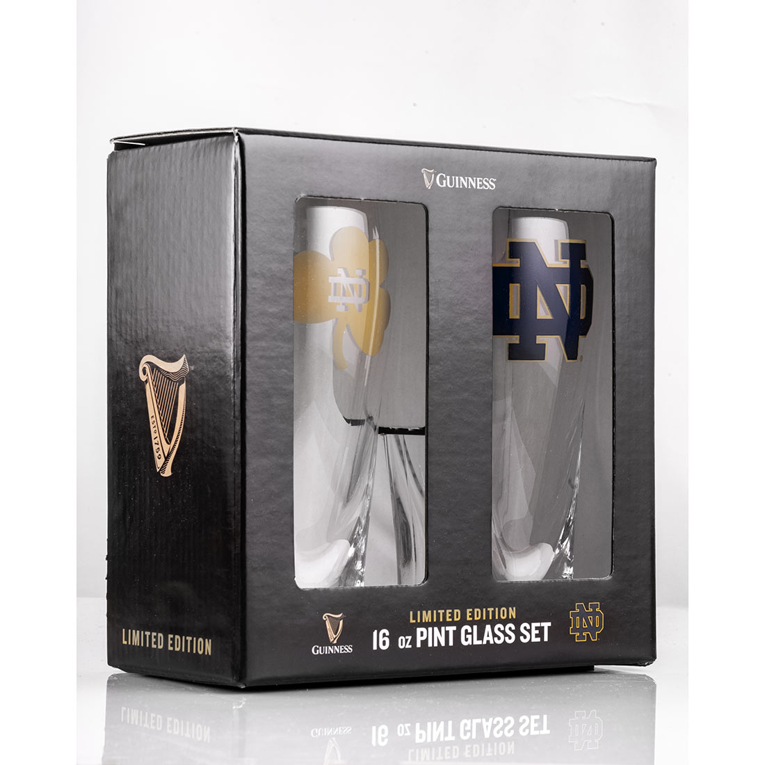 Notre Dame Guinness 16oz Pint Glass 2 Pack set featuring the iconic Guinness brand, perfect for enjoying a refreshing beverage while watching a game of football or raising a toast to Notre Dame.
