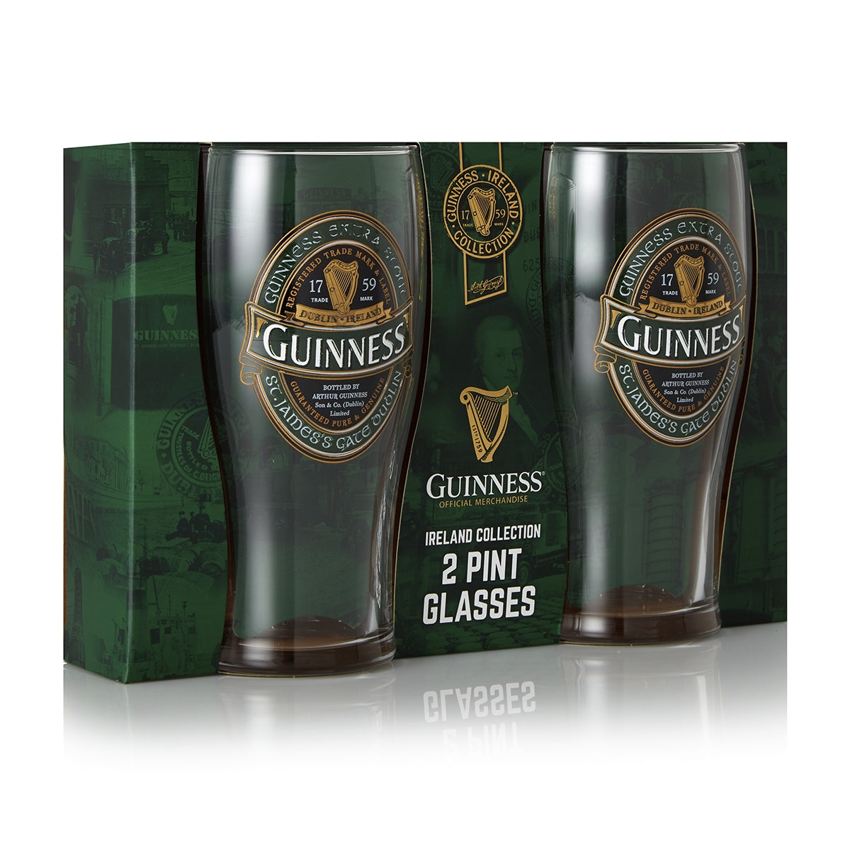 Guinness Ireland Collection Pint Glass Twin Pack featuring the Extra Stout Label.