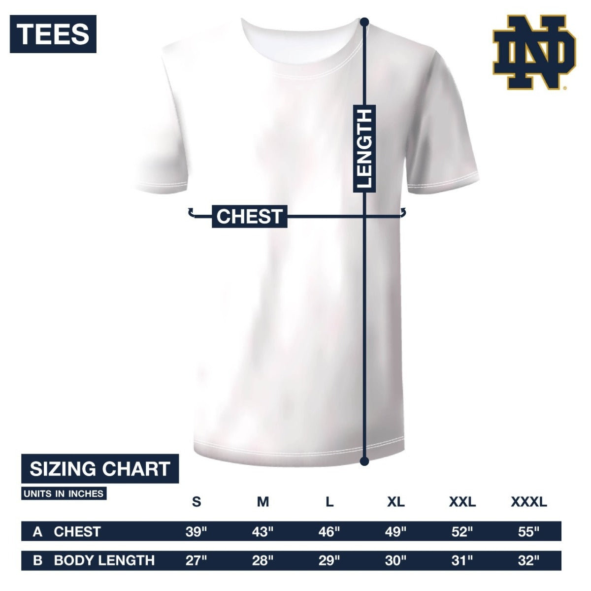 A white Guinness t-shirt with a measurement chart featuring the Notre Dame helmet.