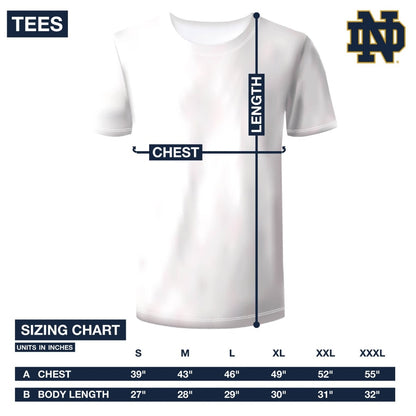 A white Guinness Notre Dame Toucan T-Shirt with a measurement chart.