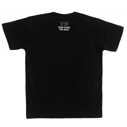 A Guinness black t-shirt with a gold logo, featuring the Notre Dame Helmet.