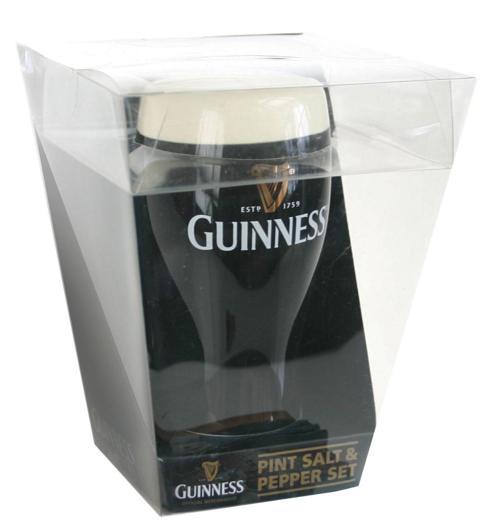 Guinness pint glass and Guinness salt and pepper shakers.