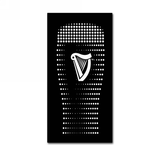 A black and white Guinness mug with a harp on it, perfect for enjoying a brew.