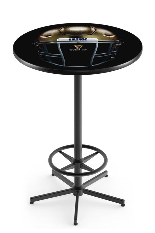 A round Notre Dame Helmet Pub Table with Leg Rest, located at a Guinness pub.