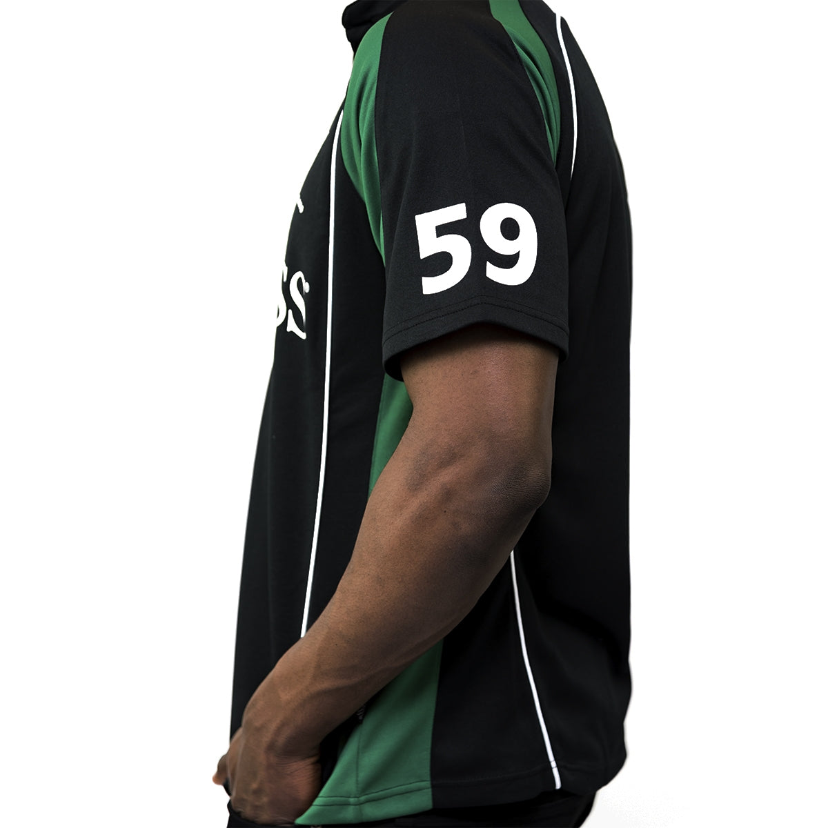 A man wearing a Guinness Short Sleeve Performance Rugby Jersey.