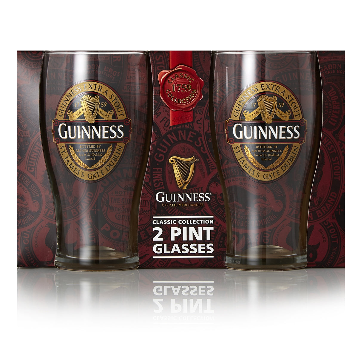 Two Guinness Classic Pint Glass Twin Packs in official merchandise packaging.