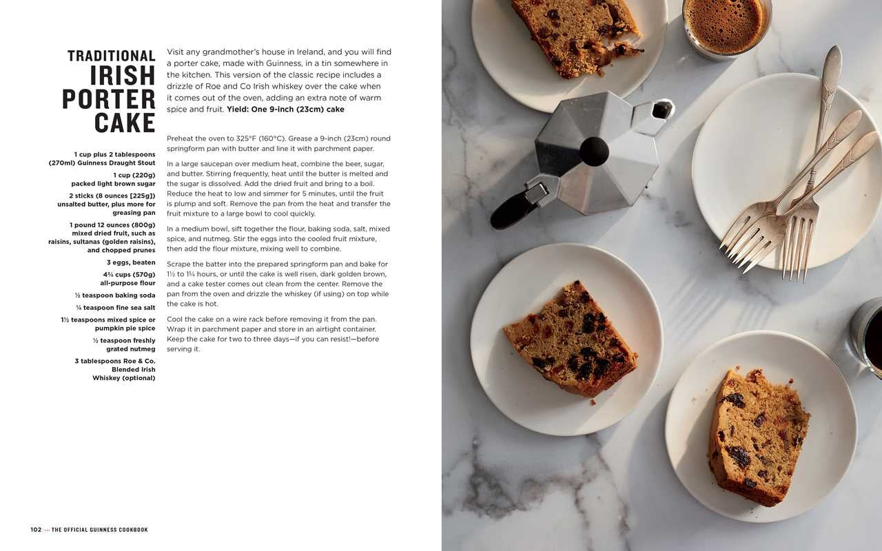 A page from the Guinness Hardcover Cookbook featuring a picture of a cake and a cup of coffee, showcasing delicious and tempting recipes.
