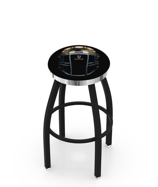 A Guinness Notre Dame Helmet Swivel Bar Stool with Chrome Trim featuring an image of a car.