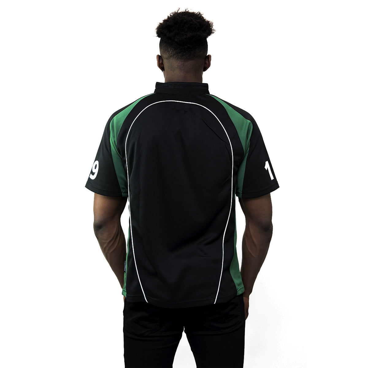 The back of a man wearing a Guinness Short Sleeve Performance Rugby Jersey.