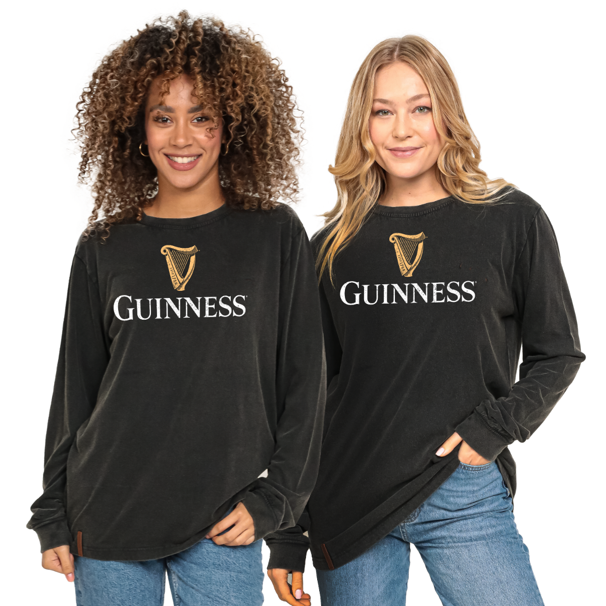 Two women wearing Guinness Premium Harp Sweater long sleeve t-shirts.