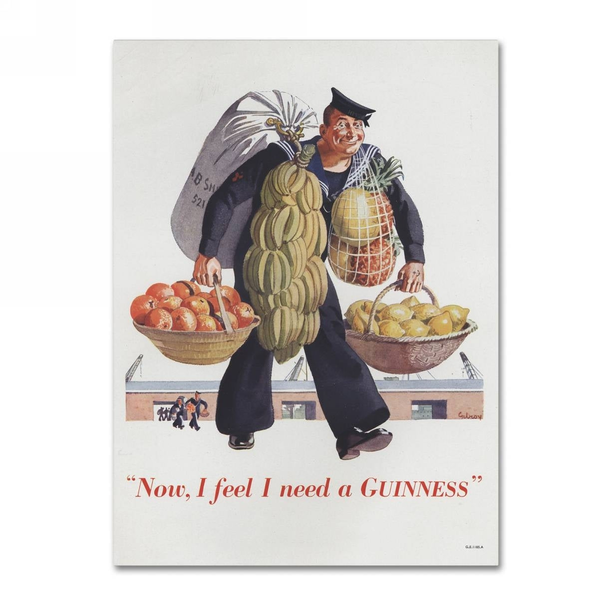A Guinness Brewery 'Now I Feel I Need A Guinness' Canvas Art featuring a man carrying fruit and a Guinness.