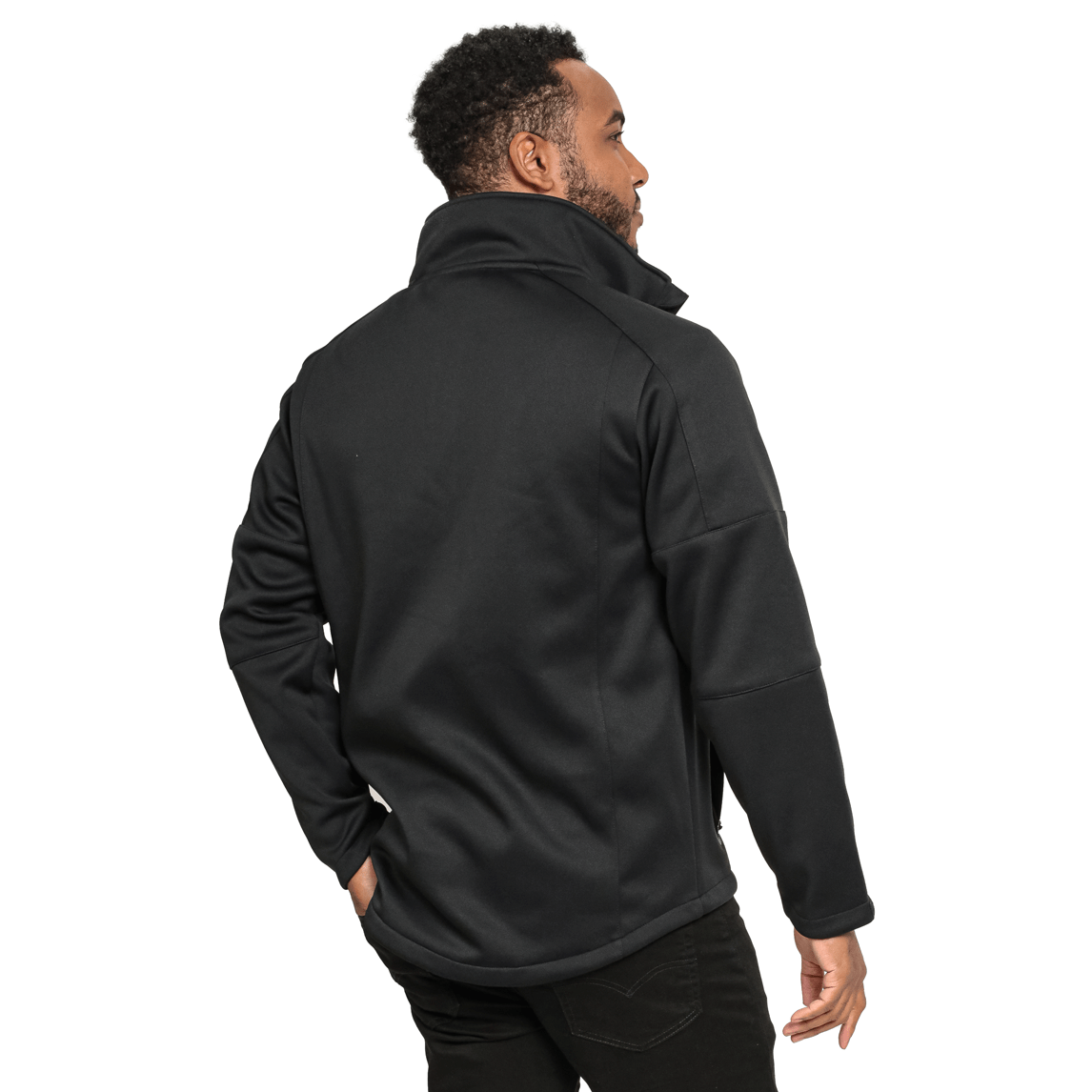 A man stands facing away, wearing a sleek Guinness Soft Shell Waterproof Jacket with a high collar and black pants.