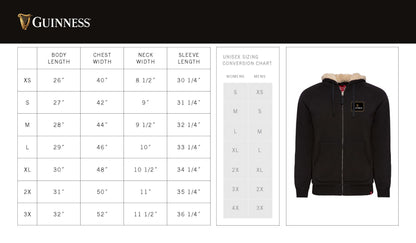 The cozy Guinness Sherpa Lined Hoodie men's size chart.