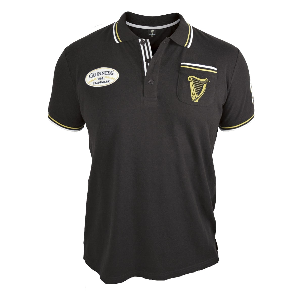 A Guinness Black Pique Polo Shirt with the Irish flag on it.