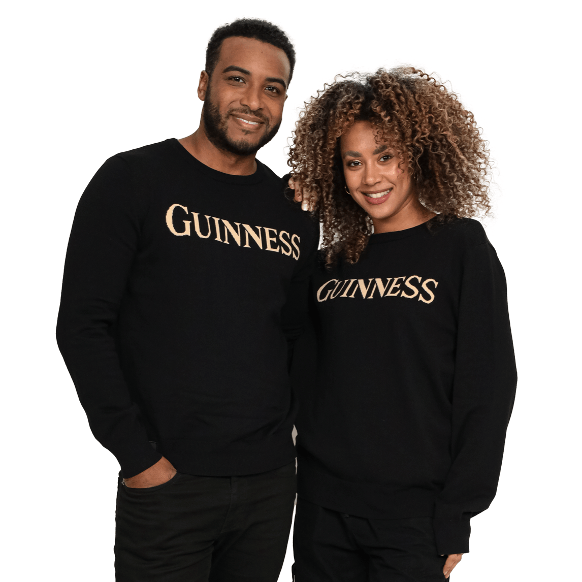 A man and woman wearing a Guinness 100% Organic Cotton Jumper made by Guinness.