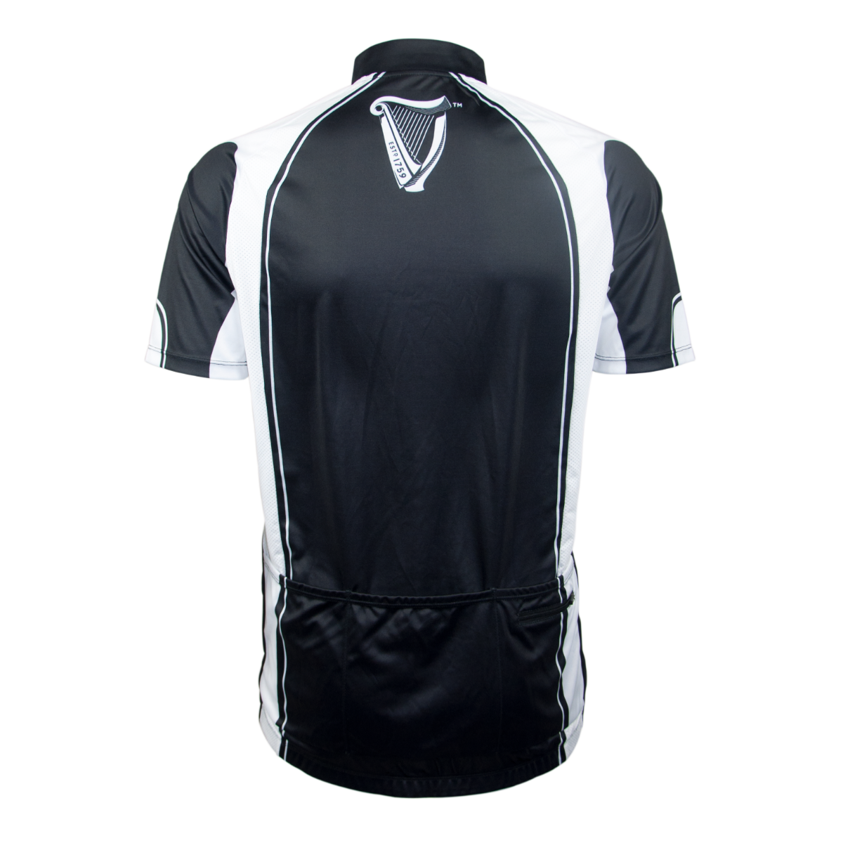 The back view of a men's black and white Guinness Performance Cycling Jersey incorporating performance elements.
