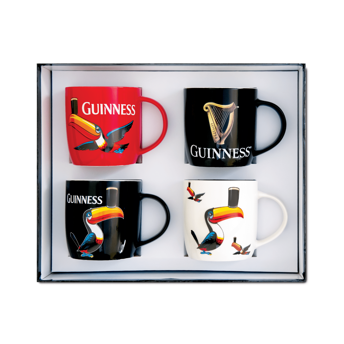 Guinness Toucan Mug Set featuring four Guinness mugs in a box.