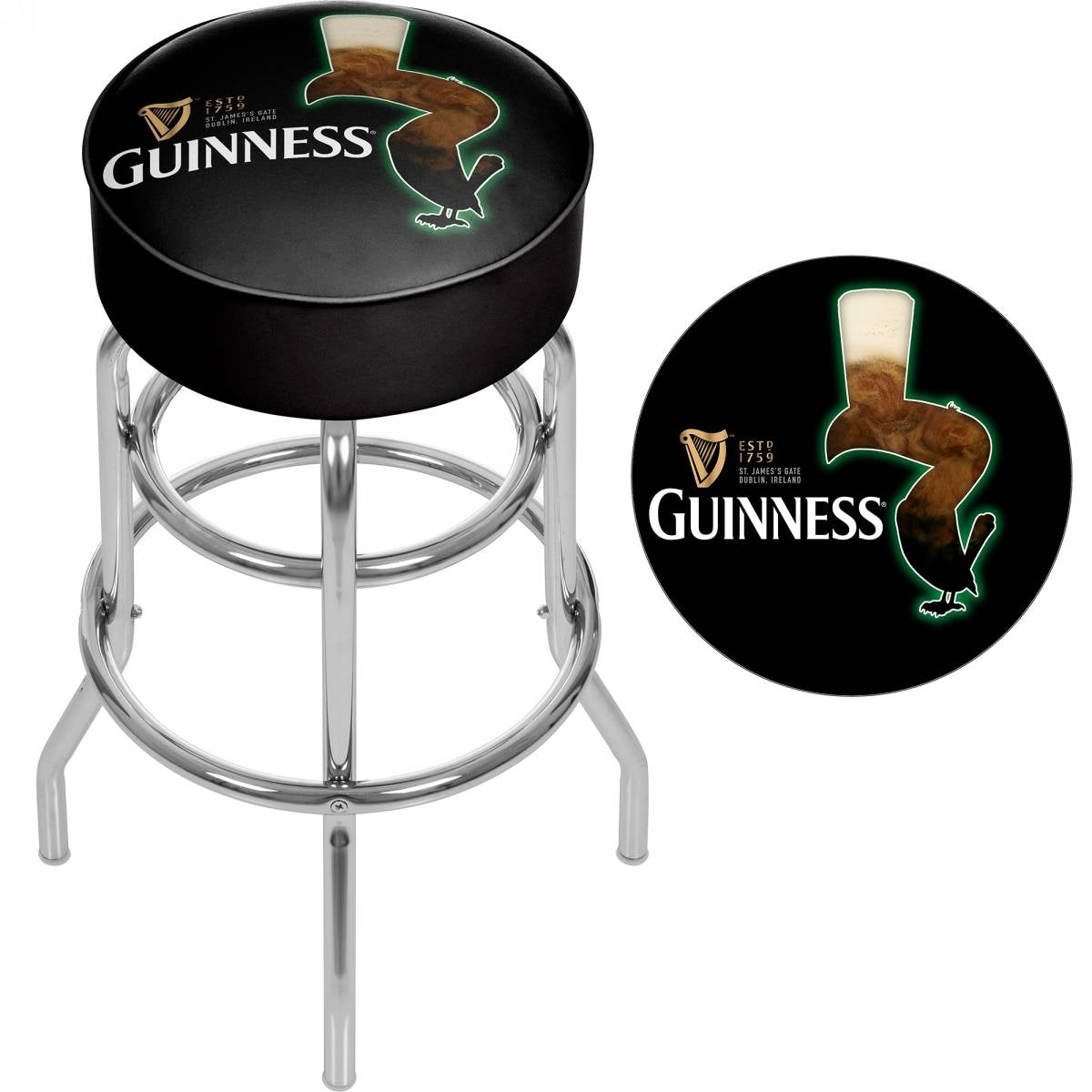 A licensed Guinness Padded Swivel Bar Stool - Feathering featuring the iconic Guinness logo.