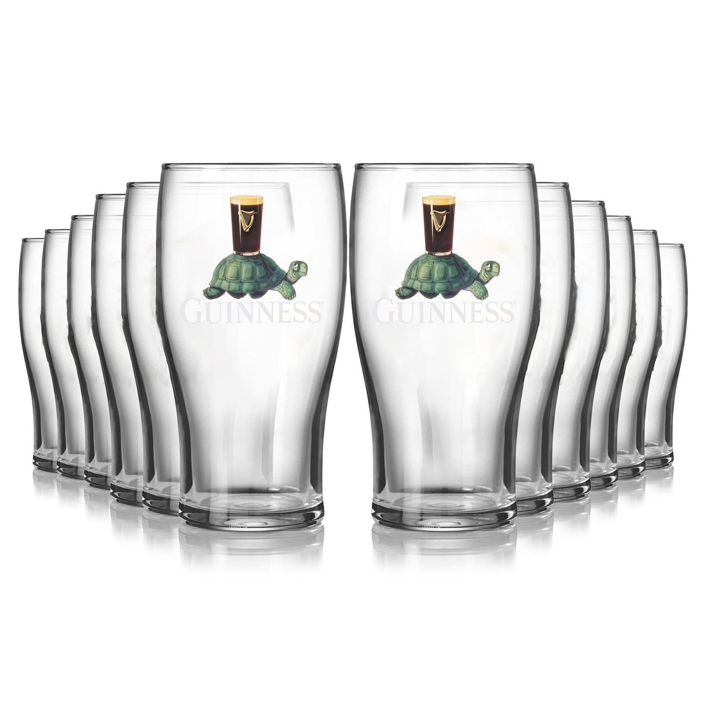 The Guinness Gilroy Tortoise Pint Glass - 12 Pack from Guinness Webstore US includes twelve clear 20oz glasses, each featuring the classic Gilroy Tortoise carrying a pint of Guinness on its shell.