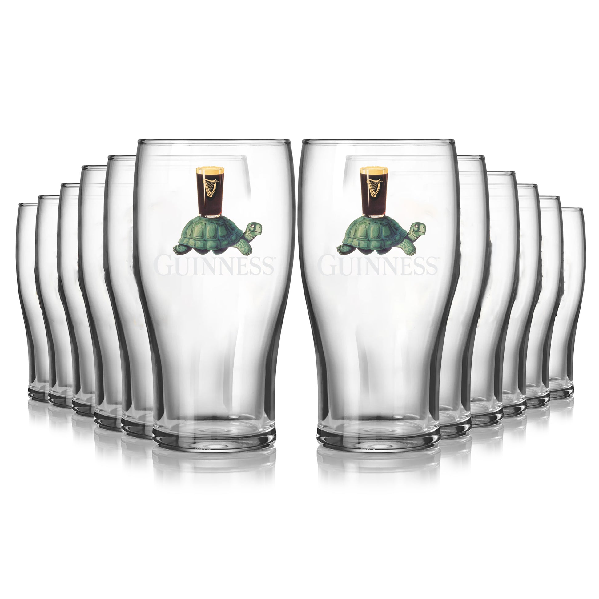 The Guinness Gilroy Tortoise Pint Glass - 12 Pack from Guinness Webstore US includes twelve clear 20oz glasses, each featuring the classic Gilroy Tortoise carrying a pint of Guinness on its shell.