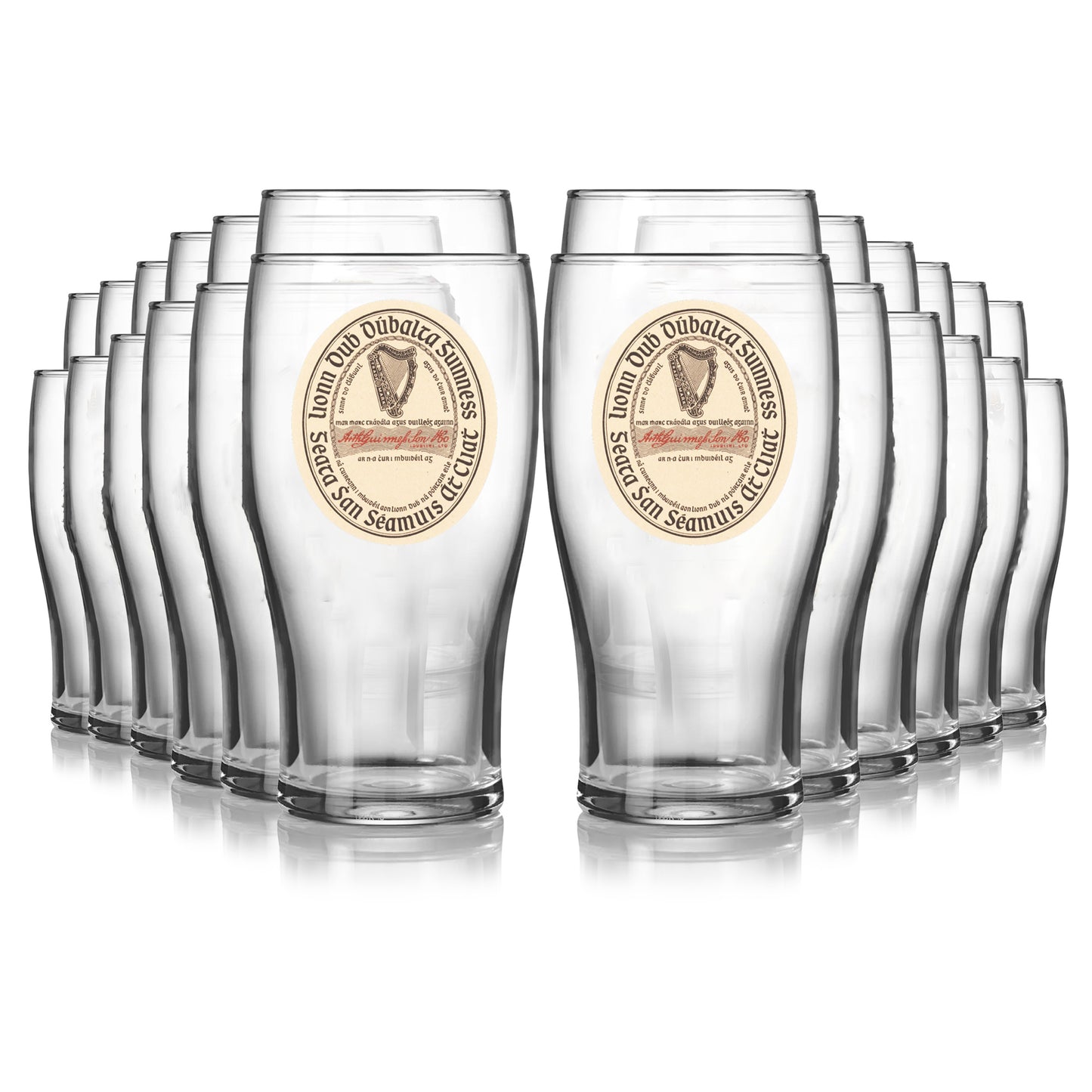 Twenty-four Guinness Vintage Label Pint Glasses from Guinness Webstore US are arranged in four rows, with the front two glasses prominently displayed and the rest behind, creating a striking Extra Stout collection.