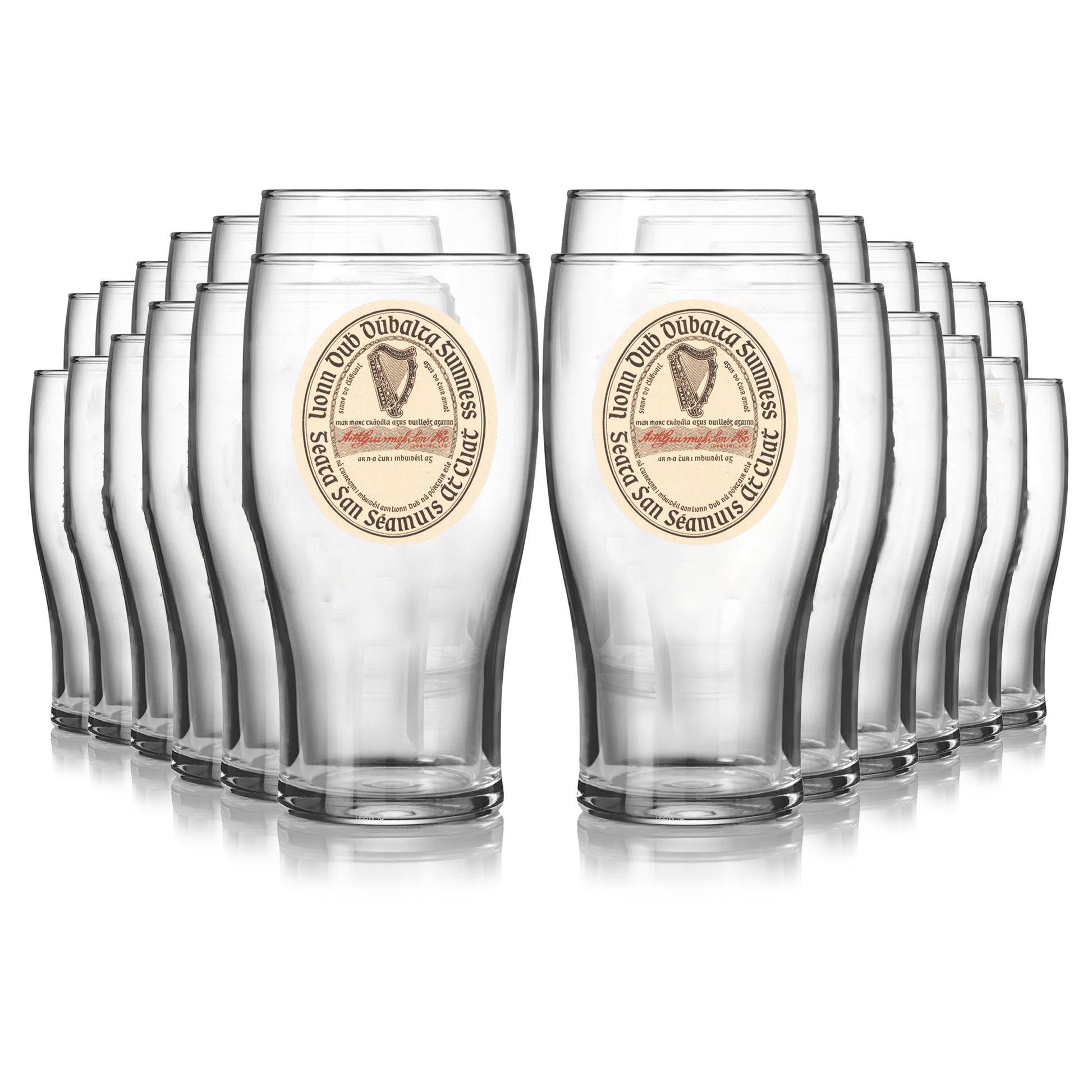 Twenty-four Guinness Vintage Label Pint Glasses from Guinness Webstore US are arranged in four rows, with the front two glasses prominently displayed and the rest behind, creating a striking Extra Stout collection.