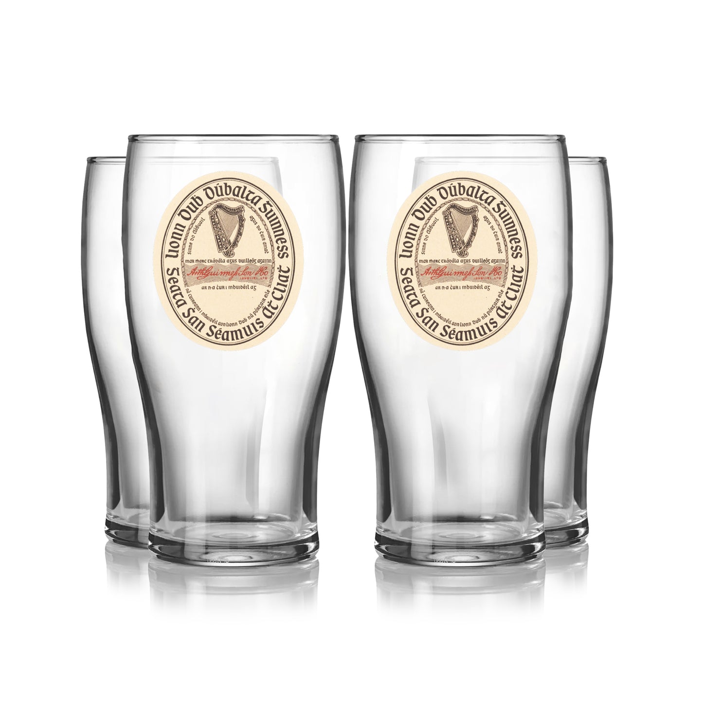 Four clear Guinness Vintage Label Pint Glasses from the Guinness Webstore US 4 Pack are arranged in two rows on a white background, each featuring classic Extra Stout branding.