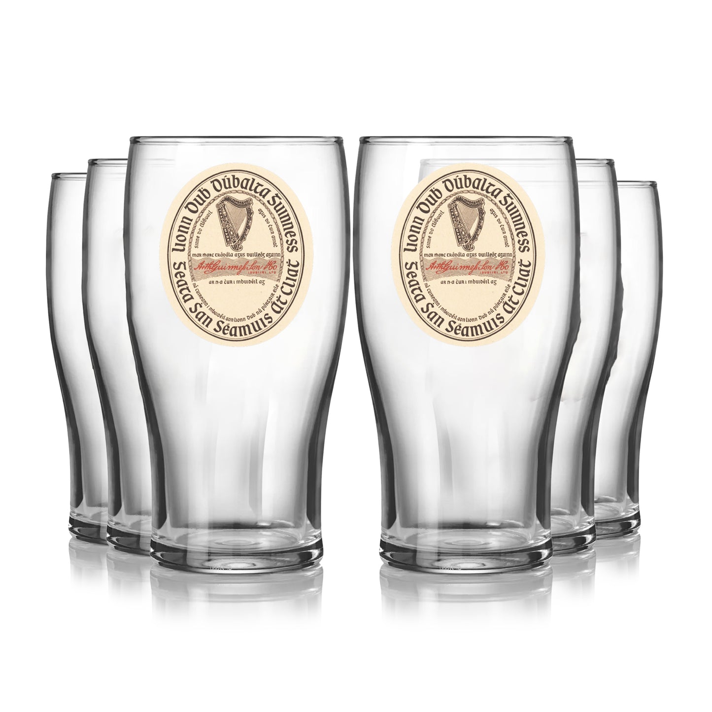 A set of six Guinness Vintage Label Pint Glasses from Guinness Webstore US, inspired by St. James’s Gate Dublin heritage, are arranged in two rows on a white background.