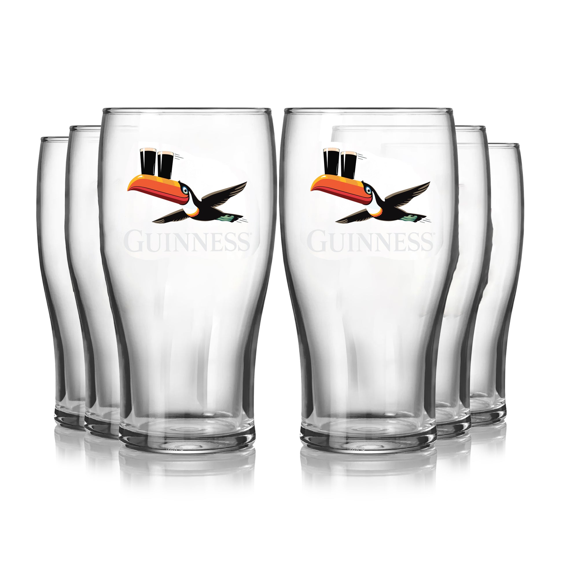 The Guinness Gilroy Flying Toucan Pint Glass - 6 Pack from Guinness Webstore US features six 20oz clear Tulip Glasses with the iconic toucan balancing two pints, arranged in two rows on a white background.