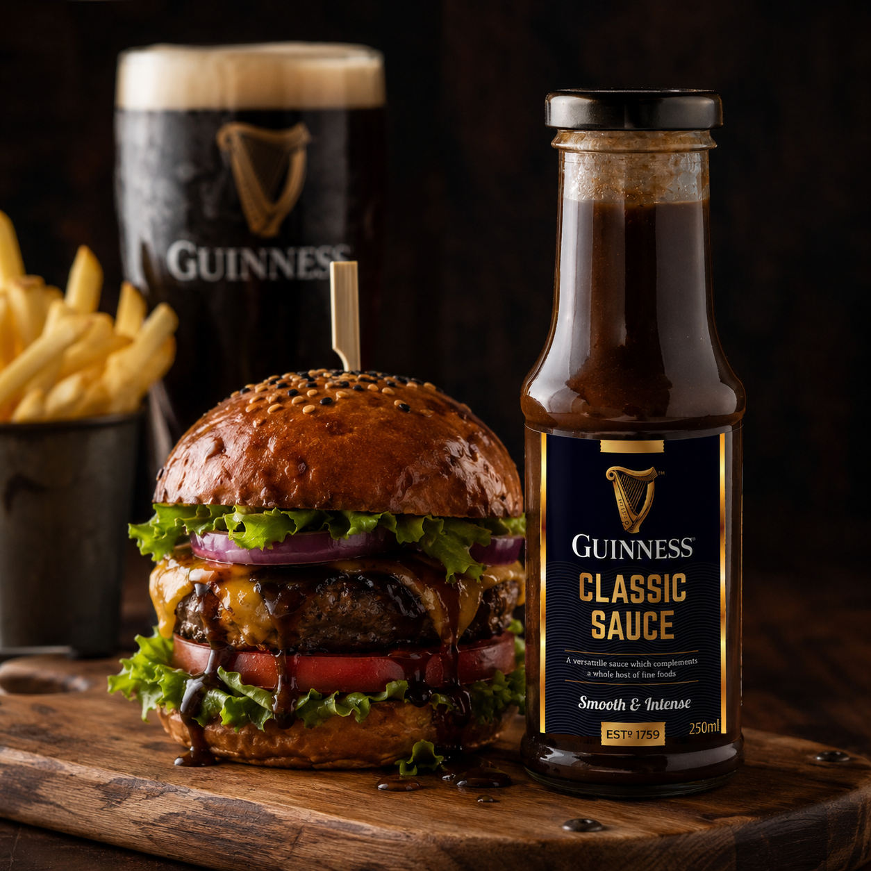 A cheeseburger with lettuce, tomato, and onion is served with Guinness Classic Sauce 295g, a glass of Guinness beer, and fries on a wooden board.