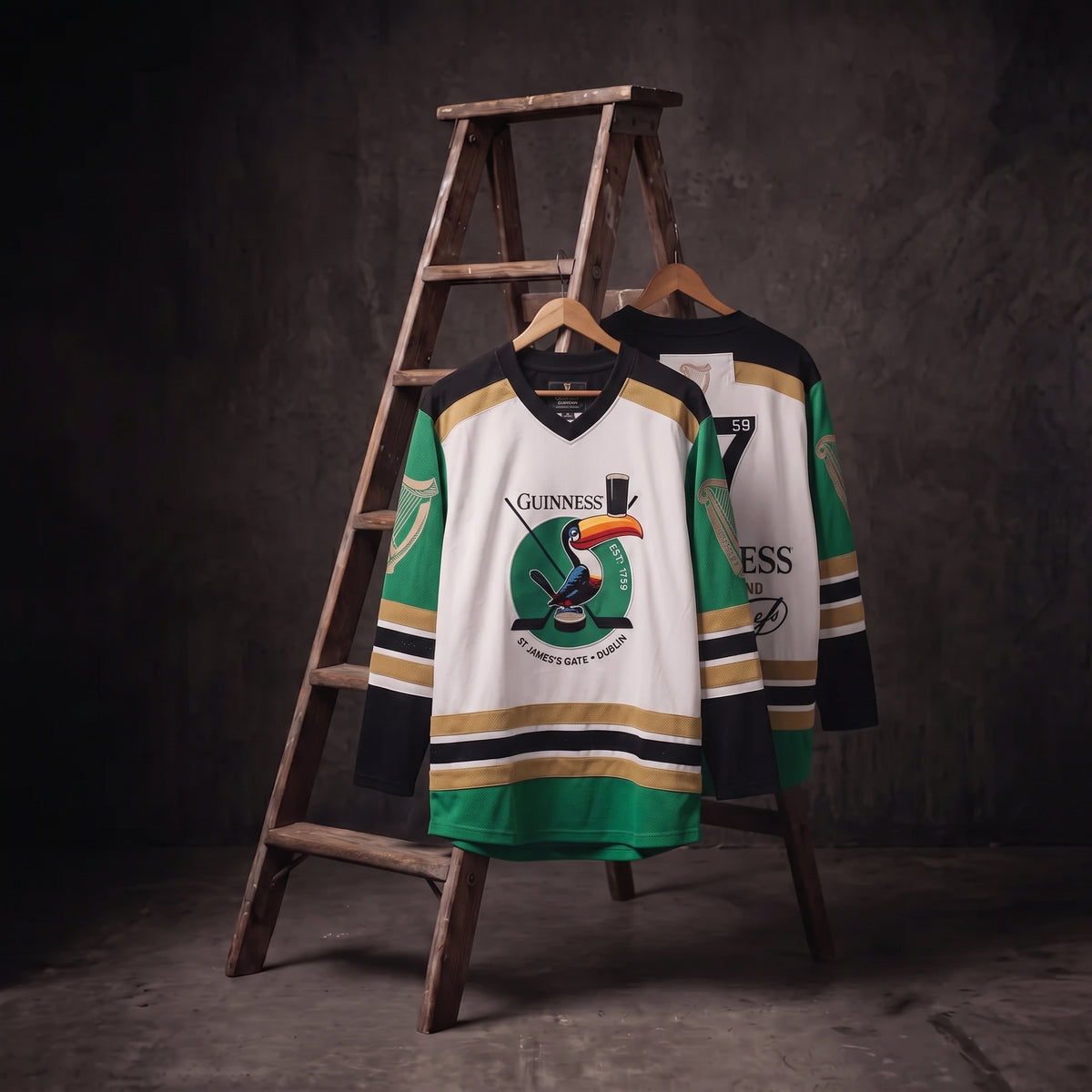 Two Guinness Toucan Hockey Jerseys by Guinness, featuring a bold toucan graphic and logo in green and white and made from recycled polyester for eco-friendly style, hang on a wooden ladder against a dark, textured background.