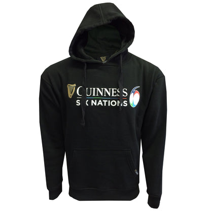 Black hoodie featuring the Guinness Six Nations Rugby Hoodie logo with a harp graphic on the front, displayed on a mannequin.