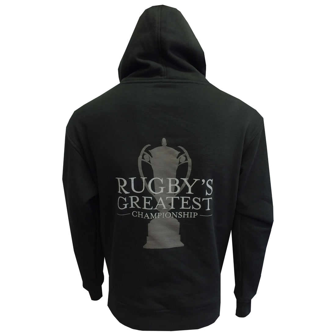 Black hoodie with the text "Guinness Six Nations Rugby Hoodie" and an outline of a trophy on the back by Guinness.