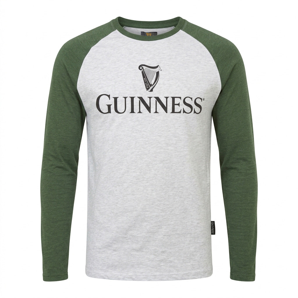 The Guinness Baseball T-Shirt features green raglan sleeves, a light gray heathered cotton body, and the iconic Guinness logo with harp on the chest.