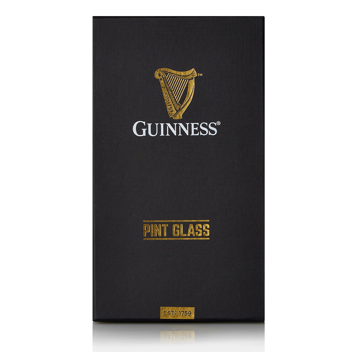 The Guinness Pint Glass Luxury Gift Box from Guinness Webstore US features a black rectangular box with a gold harp logo, "Guinness" text, and "Pint Glass" label—an ideal, stylish gift for any Guinness fan.