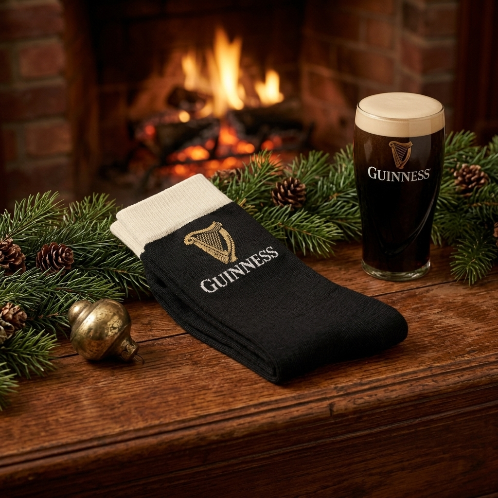 Guinness Pint Crew Socks – Black with a cream-colored cuff and gold harp logo, displayed on a wooden mantle next to a pint of stout, pine branches, and a fireplace.