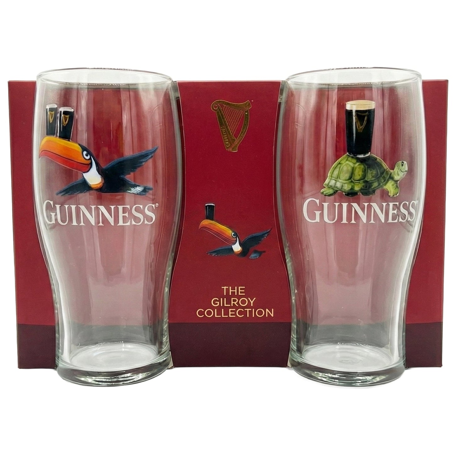 The Guinness Gilroy Toucan & Tortoise Pint Glass Set from Guinness Webstore US includes two glasses featuring playful illustrations—a toucan and a tortoise each balancing a pint. Perfect for any Guinness glass collector.