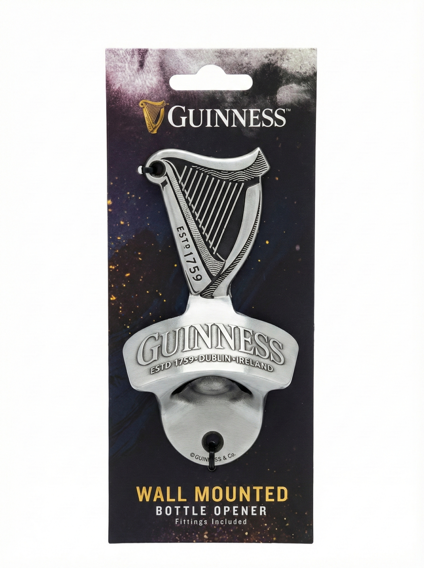 Guinness Wall Mounted Bottle Opener in original packaging, showcasing a harp design and "ESTD 1759 Dublin, Ireland" text—an ideal gift or stylish addition to any home bar for Guinness fans.