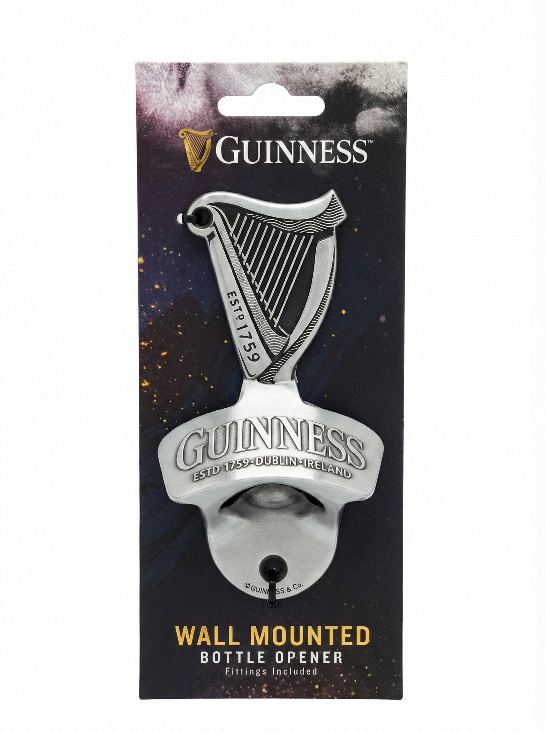 Guinness Wall Mounted Bottle Opener in original packaging, showcasing a harp design and "ESTD 1759 Dublin, Ireland" text—an ideal gift or stylish addition to any home bar for Guinness fans.